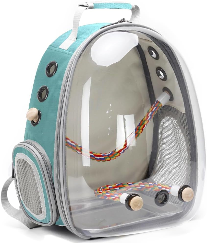 Bird Traval Carrier Cage, Clear Space Capsule Astronaut Backpack to Carry Parakeet Cockatiel Parrot with Metal Tray Wood Perch, Vet Transport School Bag