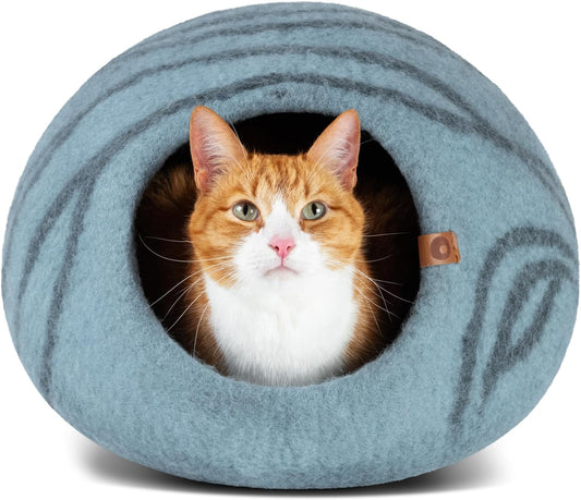 Cat Cave – Premium Felt Cat Bed for Indoor Cats, Handmade 100% Merino Wool (Light Shades) (Medium, Aquamarine)