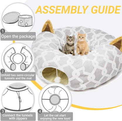 Large Cat Tunnel Bed with Plush Cover,Fluffy Toy Balls, Small Cushion and Flexible Design- 10 Inch Diameter, 3 Ft Length- Great for Cats, and Small Dogs, Gray Geometric Figure