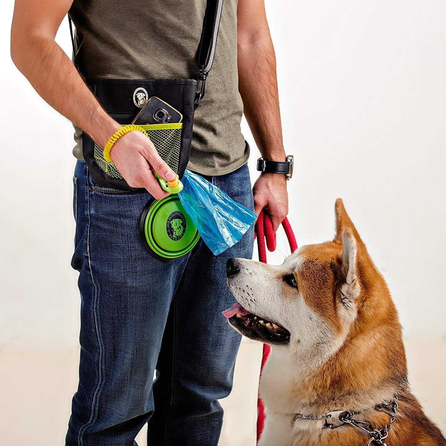 Dog Treat Pouch - Premium Training Treat Bag with Clicker and Collapsible Bowl for Dogs, Adjustable Waist and Shoulder Reflective Straps and Belt Clip, Ideal for Pet Obedience and Agility Training