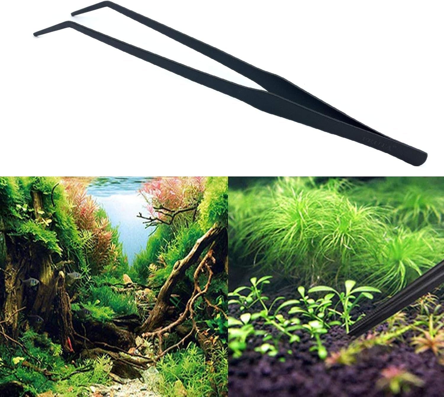 Aquarium Tweezers Stainless Steel Curved Tweezer with Carbonation Protection Coating against Rust Long Reptiles Feeding Tongs for Aquatic Plants Spider Snakes Lizards, 15 Inch - Black Curved