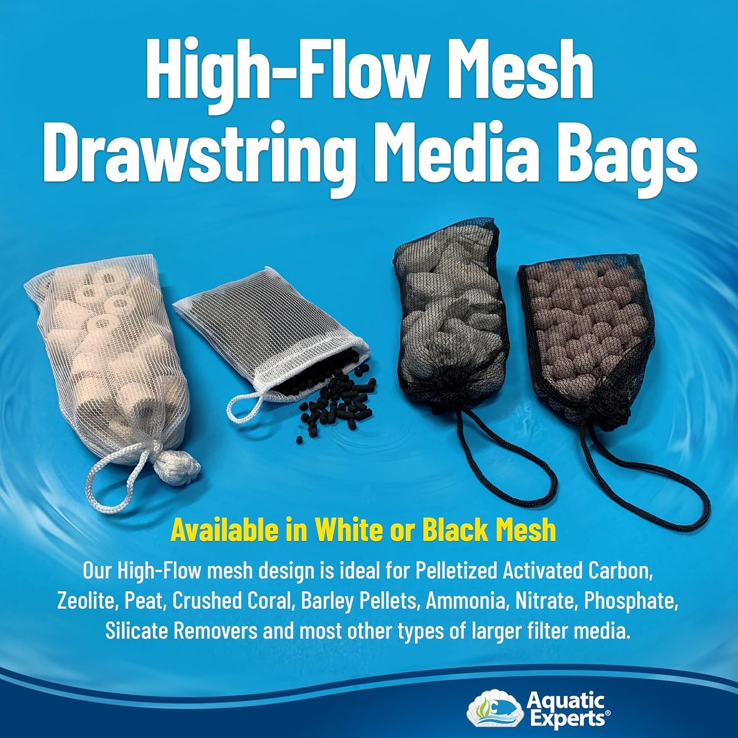 High Flow Filter Media Bag - Durable Filter Bags for Fish Tank, Secure Aquarium Media Bag with Drawstring, Media Bags for Aquarium and Pond, High Flow (White), 3” X 8” – 4 Pack