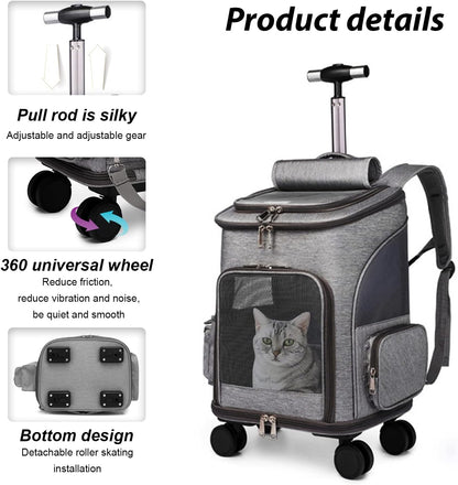 Airline Approved Pet Carrier Backpack with Wheels(Large Space),Rolling Backpack with Durable Handle and Flexible Wheels,Breathable Durable Mesh Panels(Most Airplane Approved)