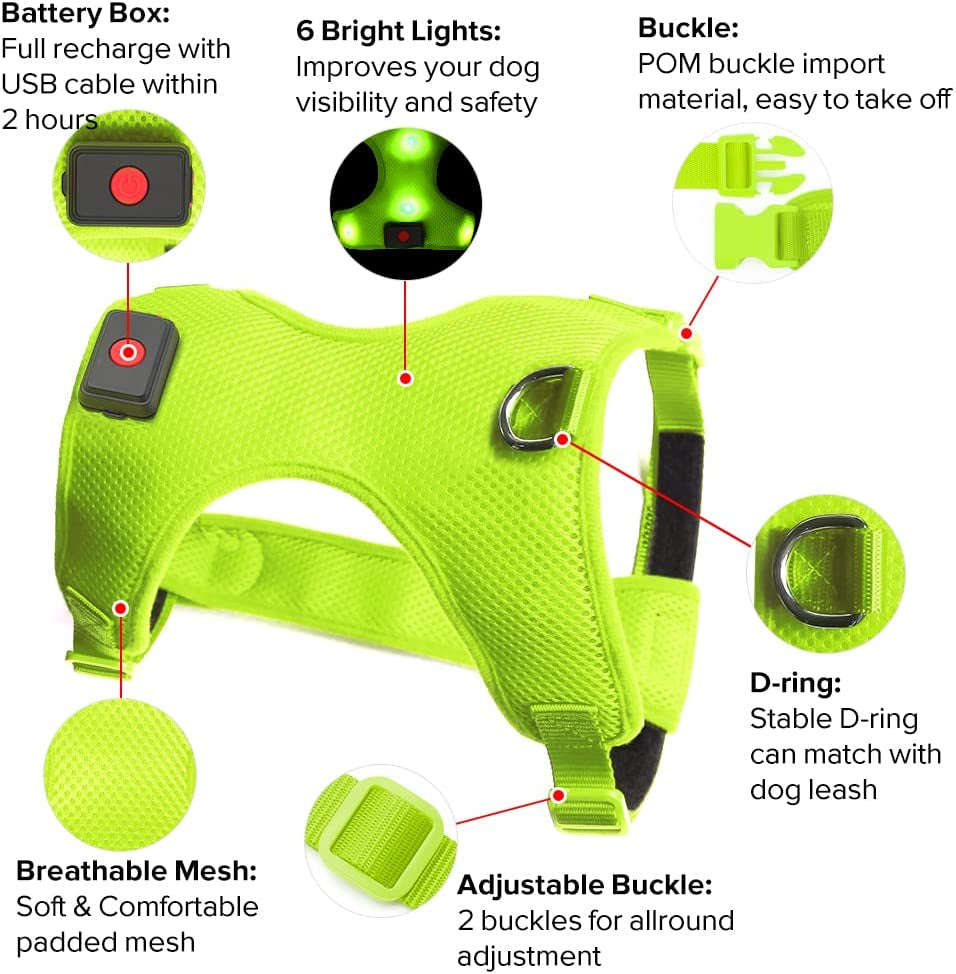 LED Dog Harness, Lighted up USB Rechargeable Pet Harness, Illuminated Reflective Glowing Dog Vest Adjustable Soft Padded No-Pull Suit for Small Medium Large Dogs (Green, S)