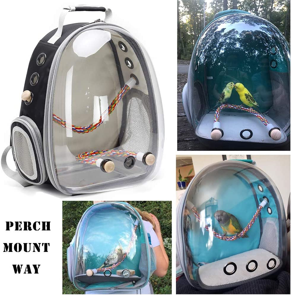 Bird Traval Carrier Cage, Clear Space Capsule Astronaut Backpack to Carry Parakeet Cockatiel Parrot with Metal Tray Wood Perch, Vet Transport School Bag