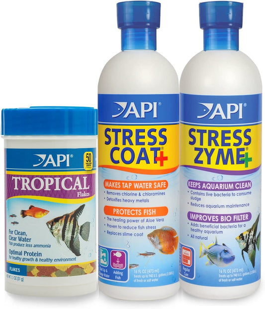 Aquarium Water Conditioner & Tropical Food Bundle Pack: One (1)  Stress Coat 16 Oz., One (1)  Stress Zyme 16 Oz., One (1)  Tropical Flakes Fish Food 1.1 Oz.