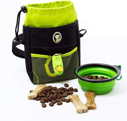 Dog Treat Pouch - Premium Training Treat Bag with Clicker and Collapsible Bowl for Dogs, Adjustable Waist and Shoulder Reflective Straps and Belt Clip, Ideal for Pet Obedience and Agility Training