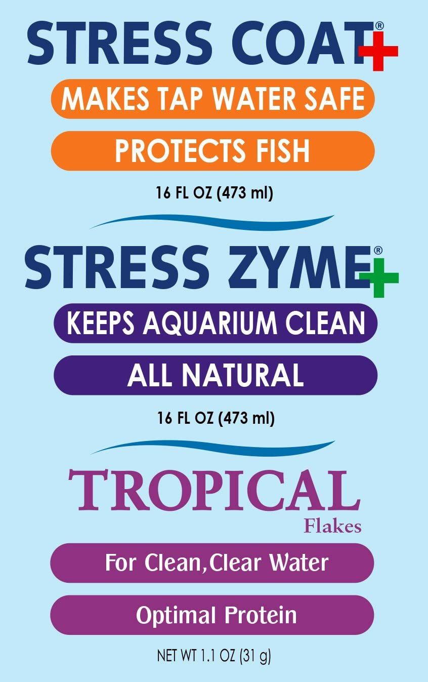 Aquarium Water Conditioner & Tropical Food Bundle Pack: One (1)  Stress Coat 16 Oz., One (1)  Stress Zyme 16 Oz., One (1)  Tropical Flakes Fish Food 1.1 Oz.