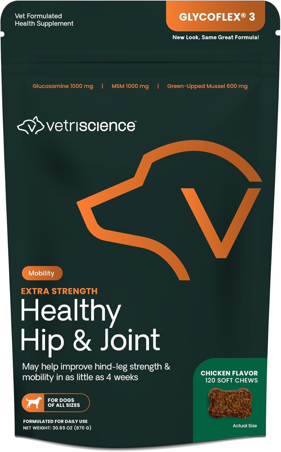 Extra Strength Healthy Hip & Joint Chews, Glycoflex Glucosamine & Green-Lipped Mussel Joint Support Supplement for Dogs, Promote Mobility & Soothe Joint Discomfort, Chicken, 120 Count